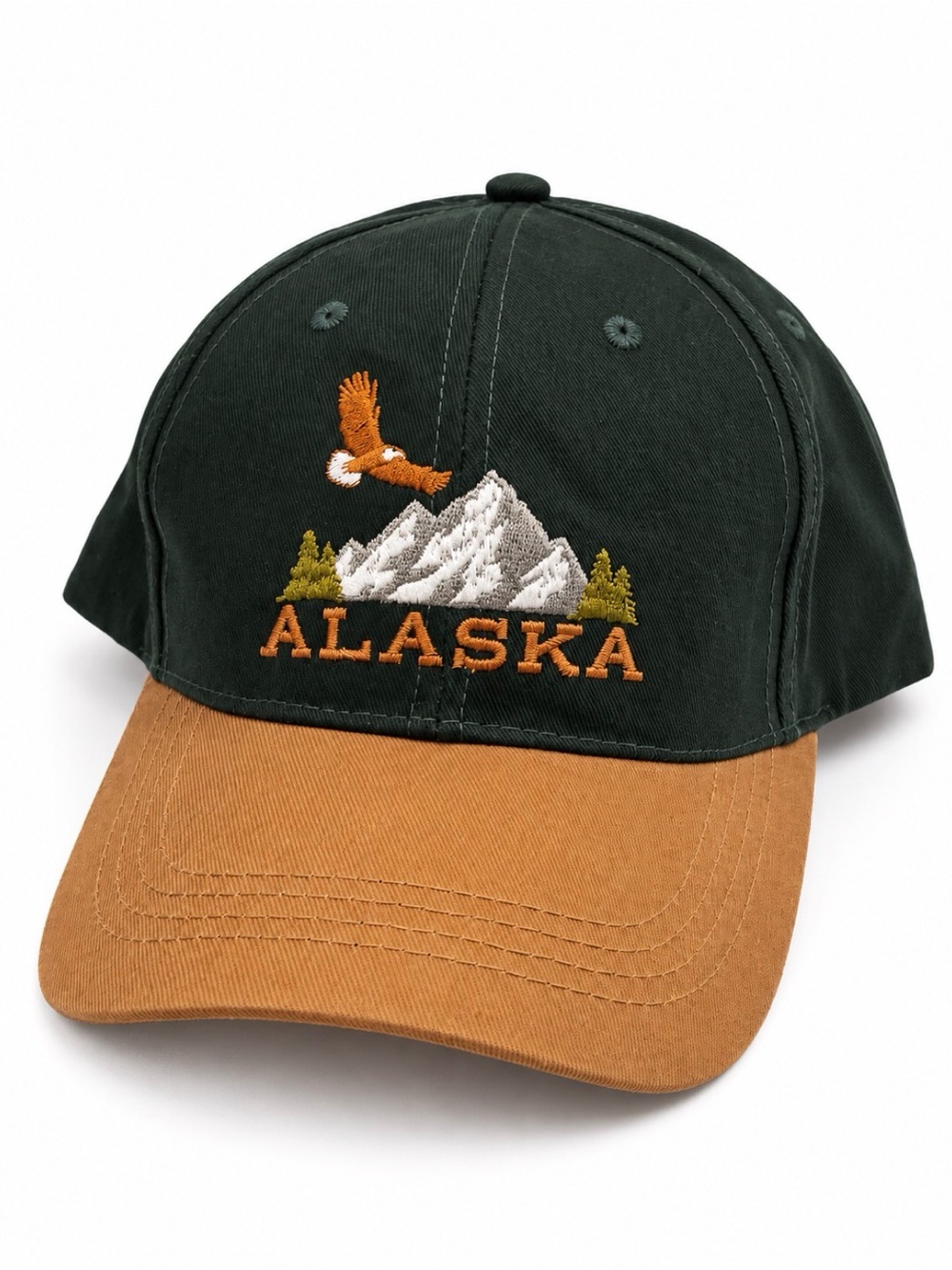Alaska Embroidered Two-Tone Baseball Cap - Forest Green & Brown